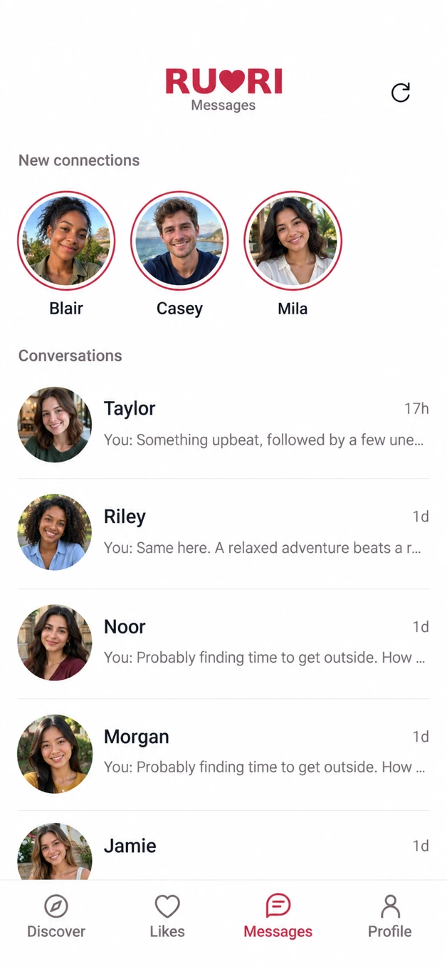 Ruri Messages screen with illustrative matches and conversations