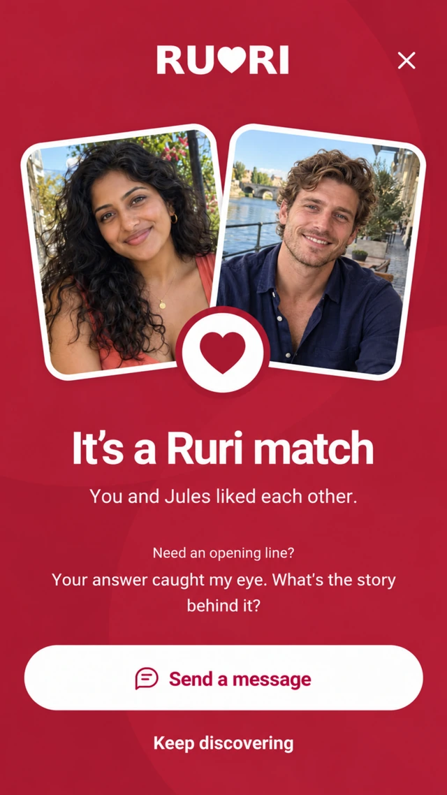 Ruri’s red mutual match screen with Send a message and Keep discovering buttons