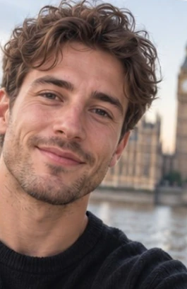 Daniel, a fictional AI character, smiling in London